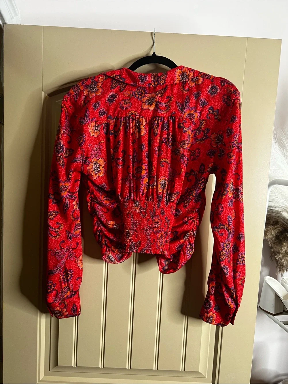 Free People Red Floral Ruched Long-Sleeve Blouse